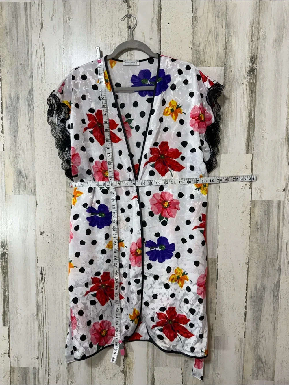 Floral Polka Dot Satin Chemise & Robe Set - White with Multicolor Flowers